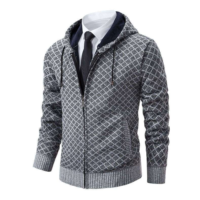 Men's Vintage Knitted Pattern Hooded Cardigan Sweater