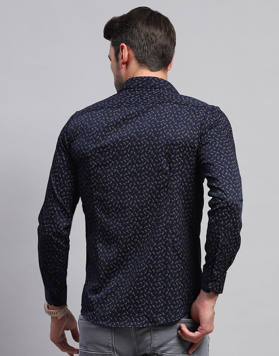 Men Navy Blue Printed Collar Neck Full Sleeve Shirt