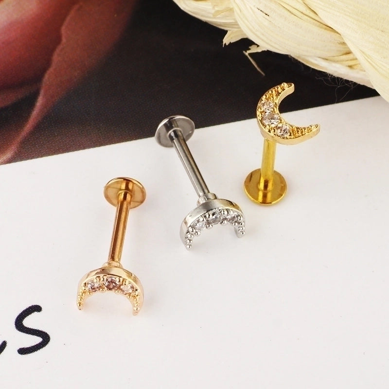Minimalist Moon Stainless Steel Zircon Lip Stud Ear Studs 1 Piece
