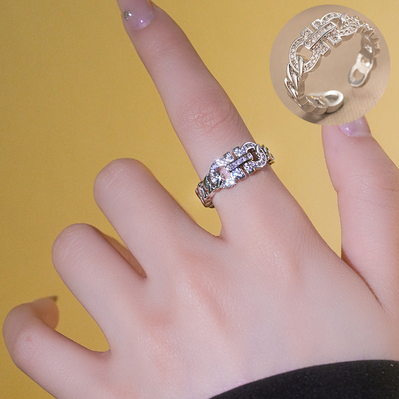 Shang Ins Chain Opening Adjustment Ring Female Version Micro-Inlaid Personality Couple Ring Retro Ancient Index Finger Ring
