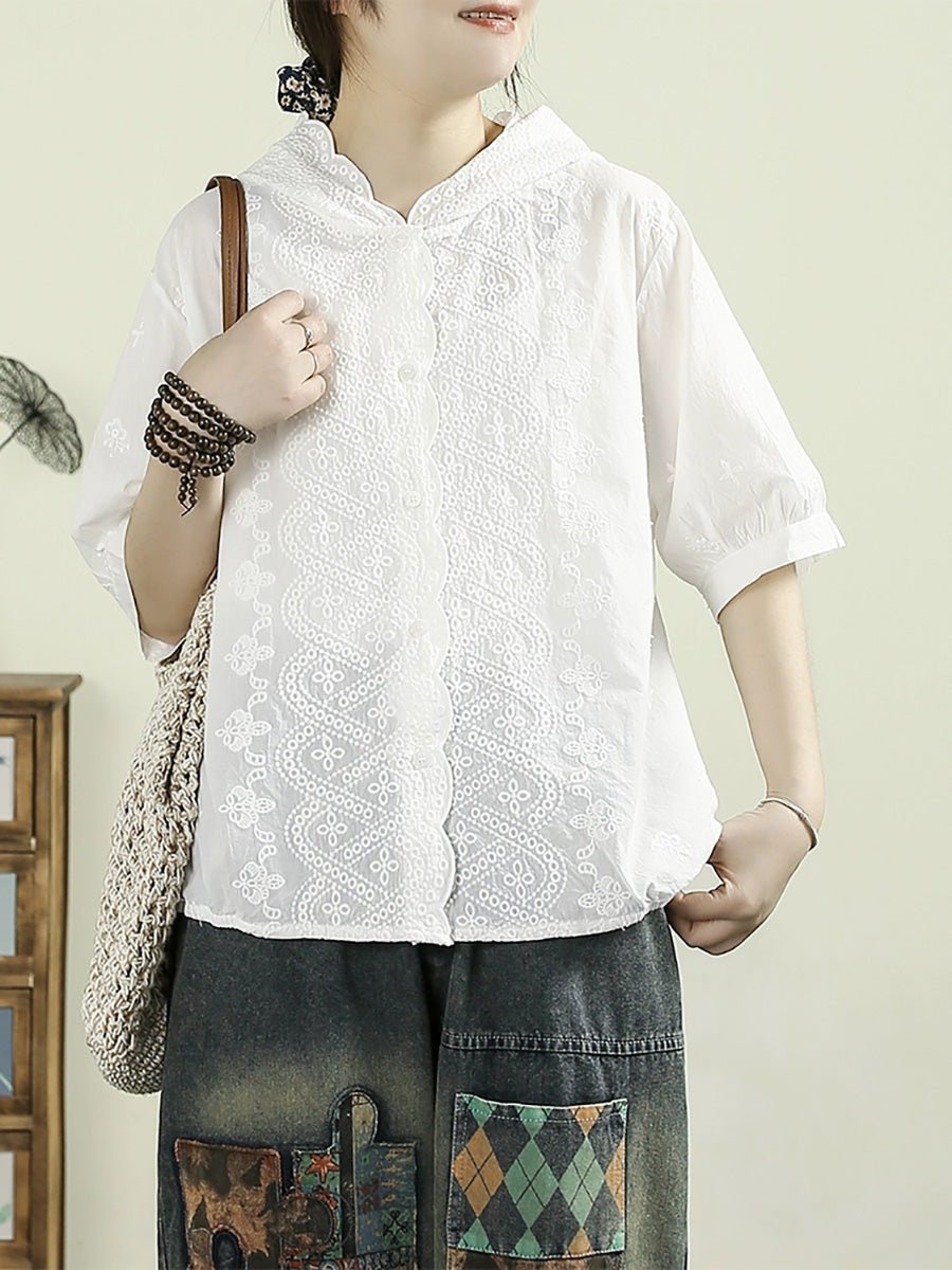 Women Summer Artsy Embroidery Hooded 100%Cotton Shirt
