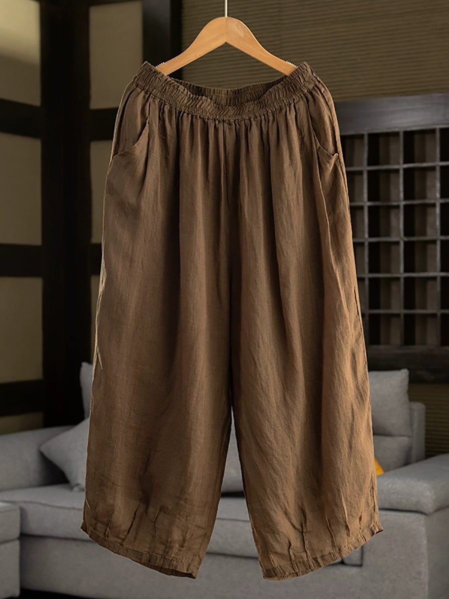 Women Summer Retro Pure Color 100%Ramie Bloomers