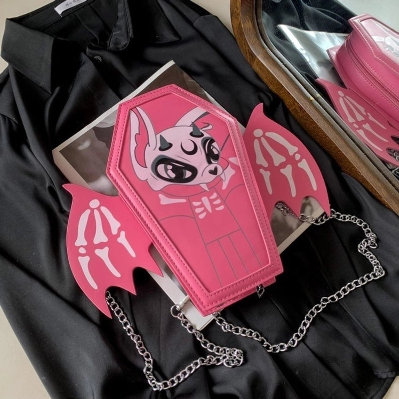 Halloween Women's Small Pu Leather Cartoon Bat Punk Zipper Square Bag