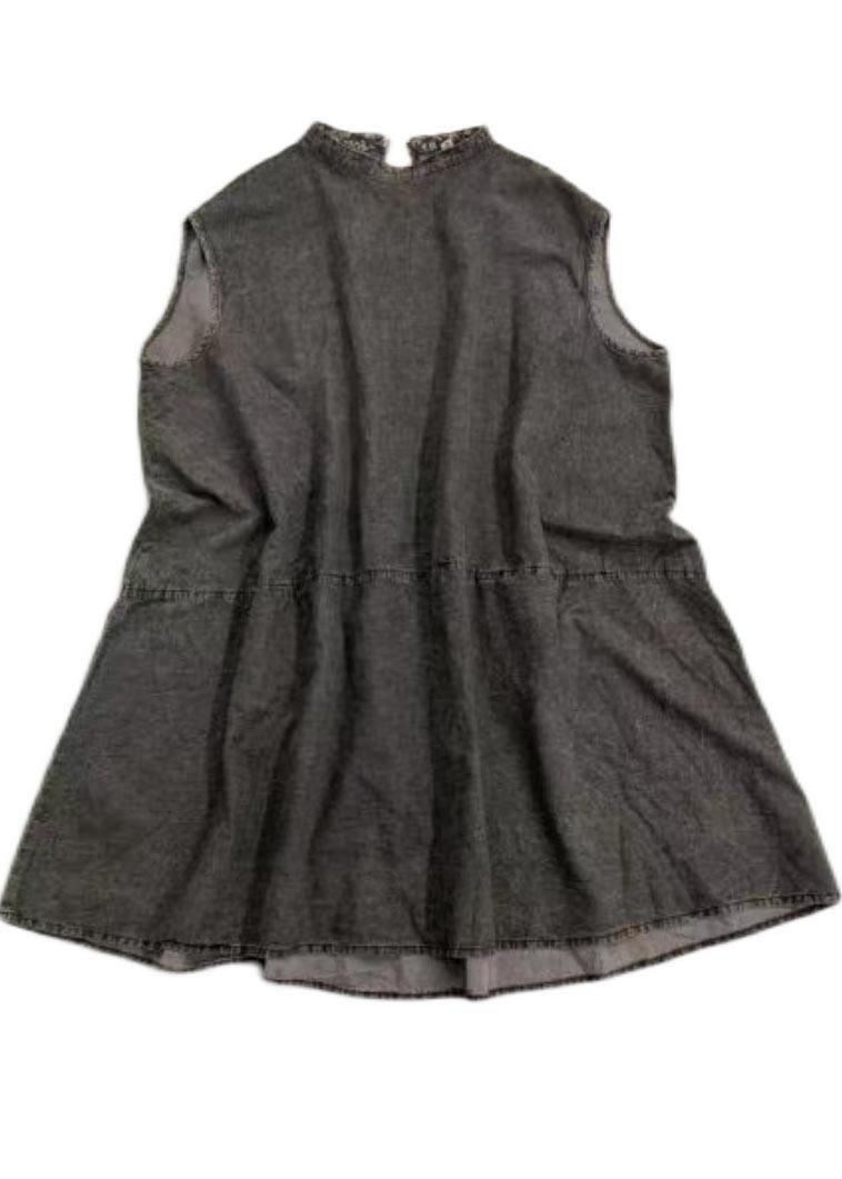 Fitted Black Grey O-Neck low high design Summer Denim Mid Dress