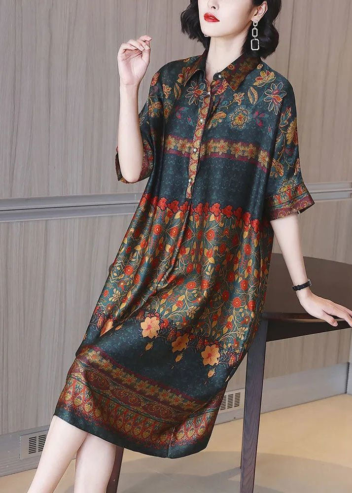 Peter Pan Collar Print Silk Maxi Dresses Summer