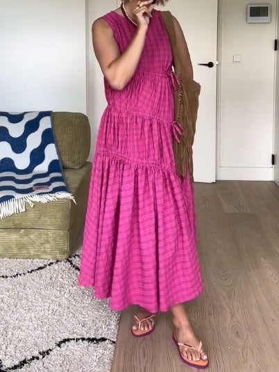 Fuchsia Pink Textured Ruched Midi Dress