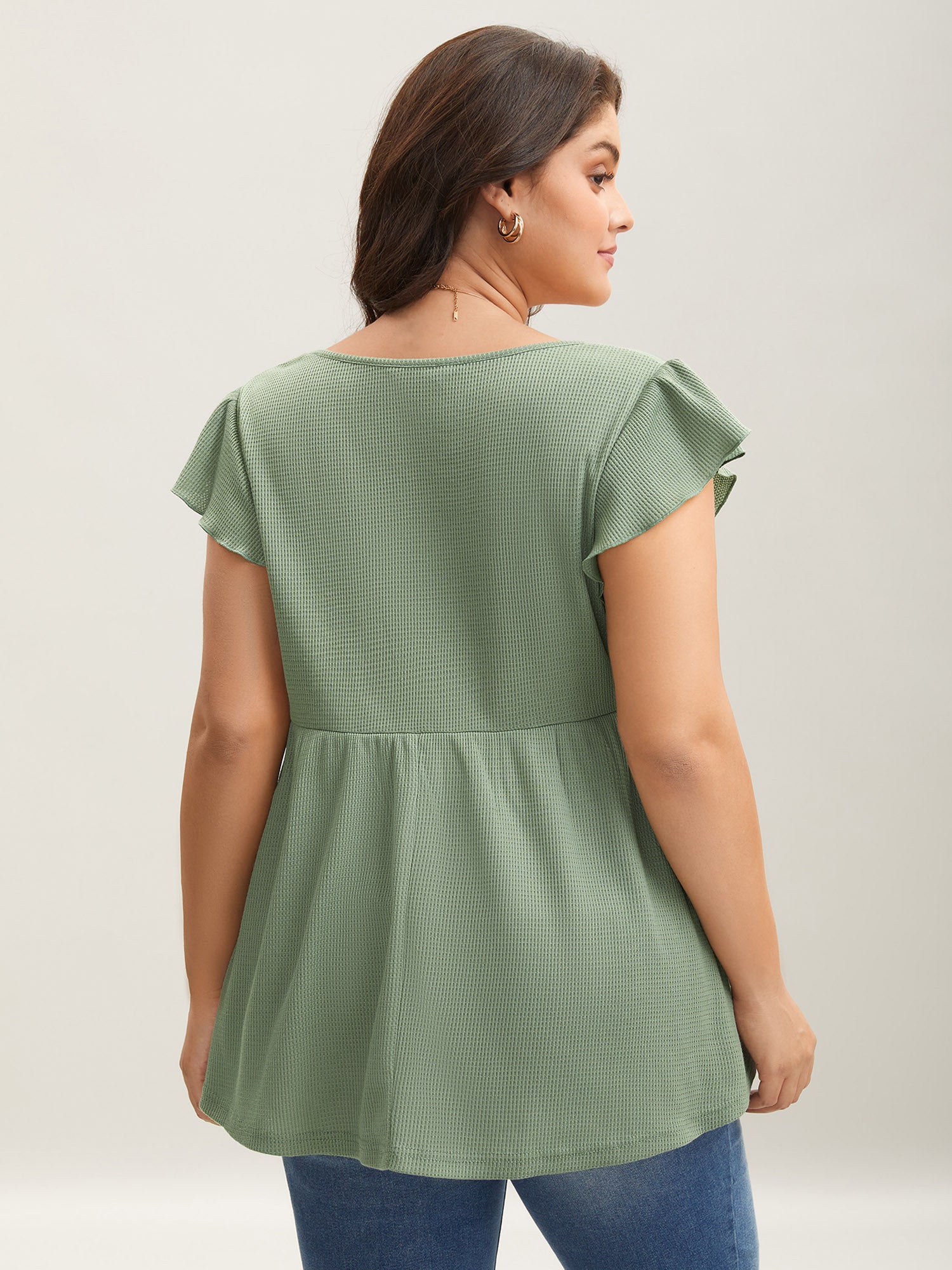 Waffle Flutter Sleeve Stretchy Plain Top