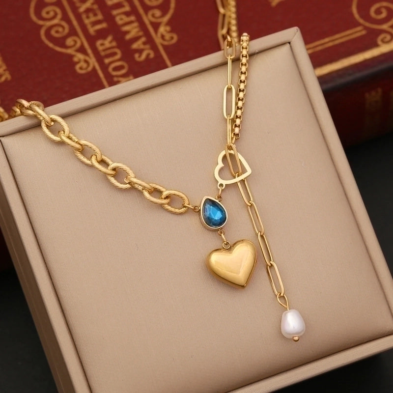 1 Piece Vintage Style Water Droplets Heart Shape Stainless Steel 18k Gold Plated Gem Pendant Necklace