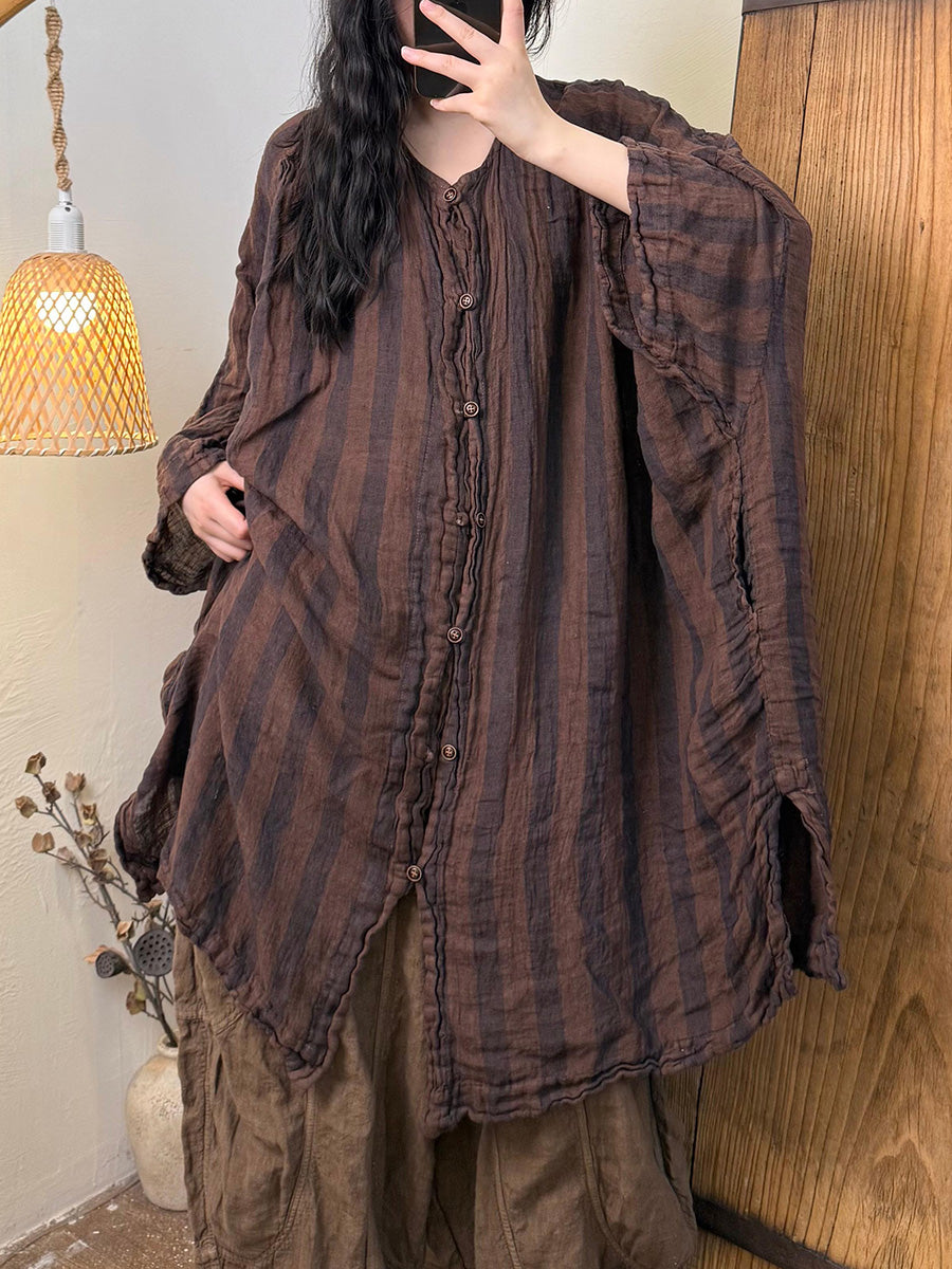 Women Summer Retro Stripe O-Neck Linen Shirt