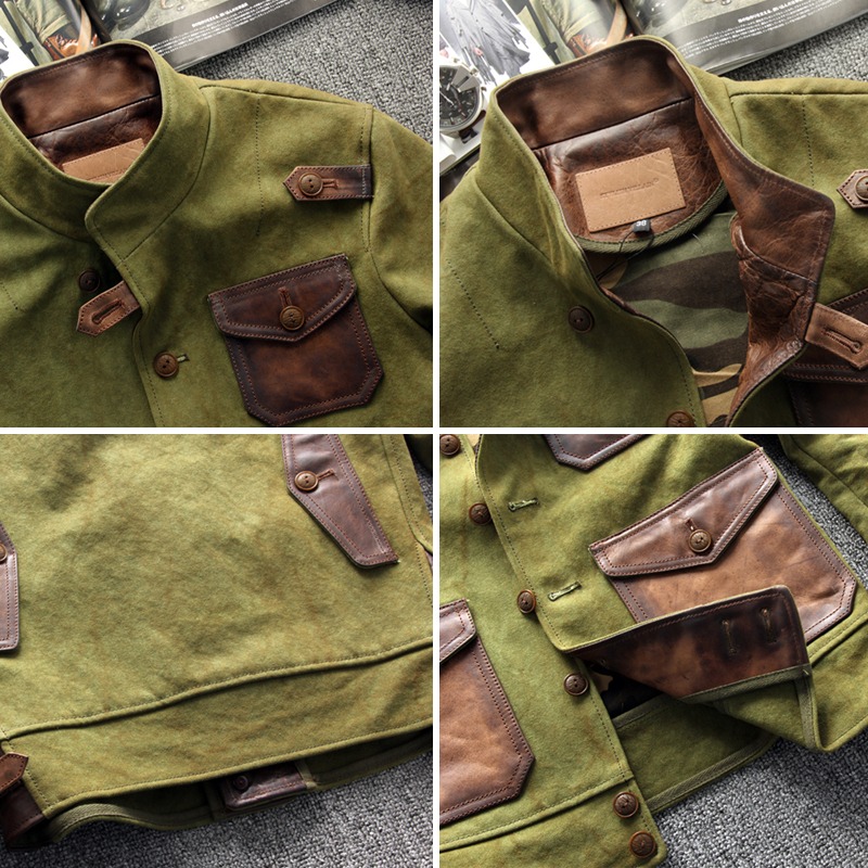Vintage Oil Waxed Canvas Leather Biker Jacket