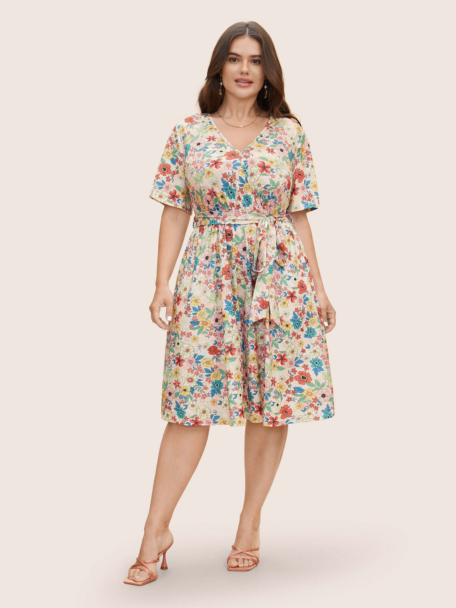 Floral Overlap Collar Belted Pocket Dress