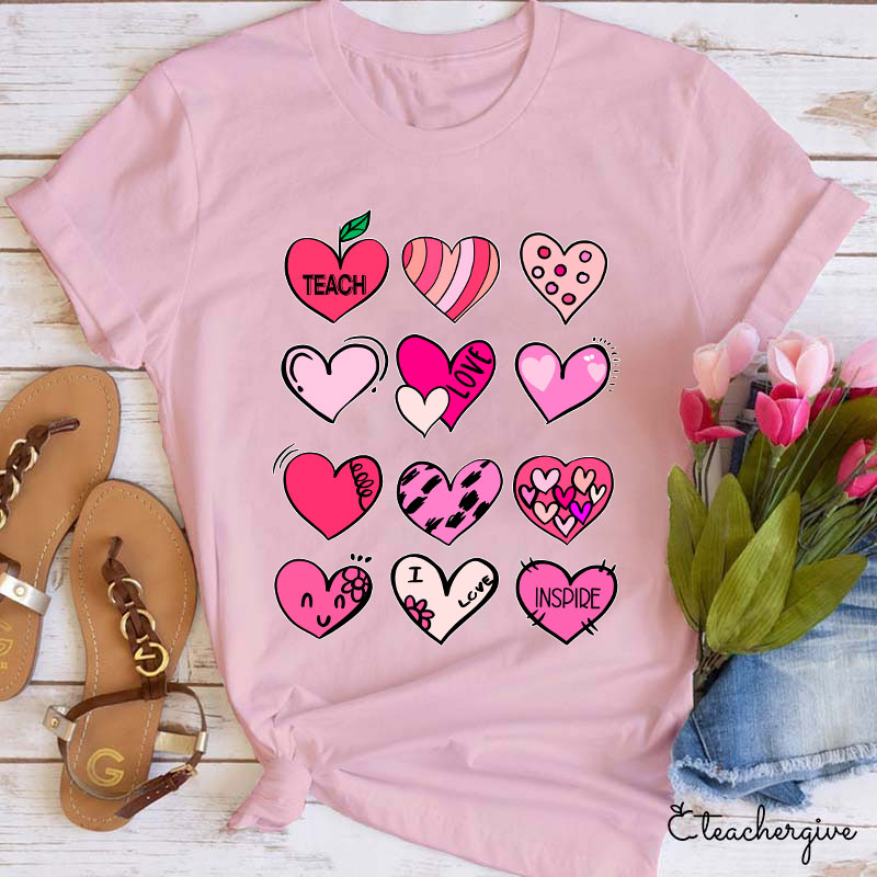 Cartoon Hearts Teach Love Inspire Teacher T-Shirt