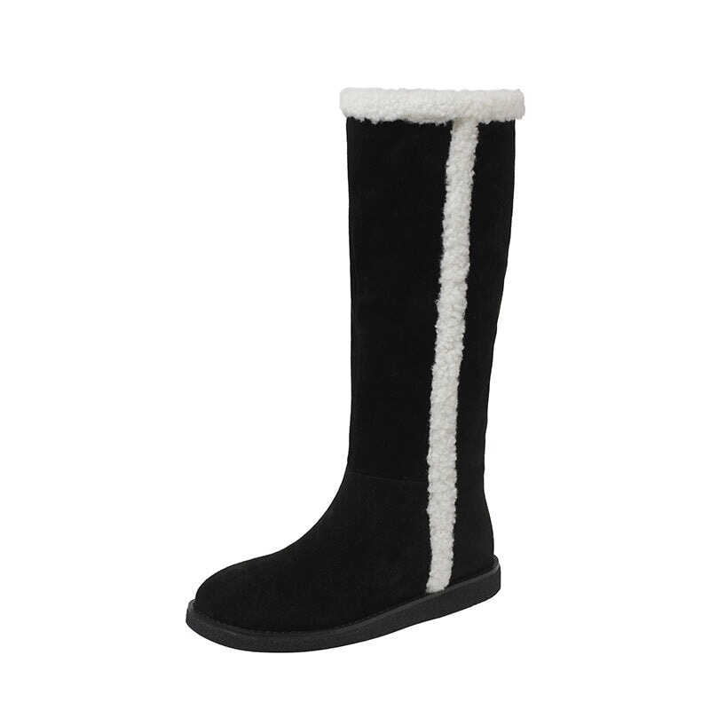 Nubuck Leather Knee High Snow Boots Cowboy Boots Warm Riding Boots in Black/Brown