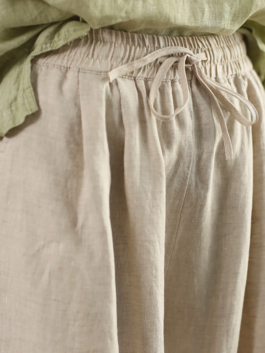 Women Casual Pure Color 100%Linen Bloomers