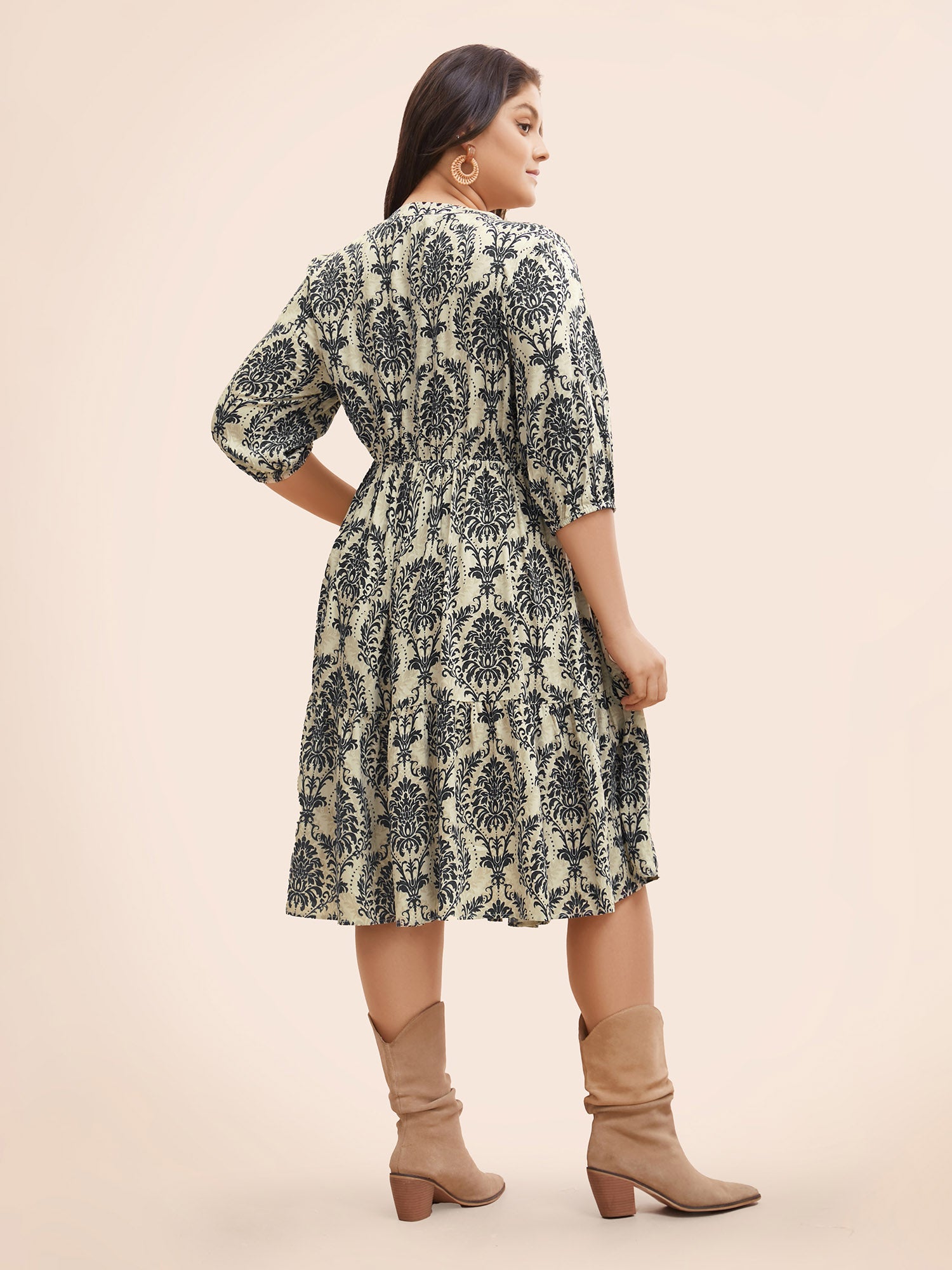 Boho Print Tie Knot Puff Sleeve Dress