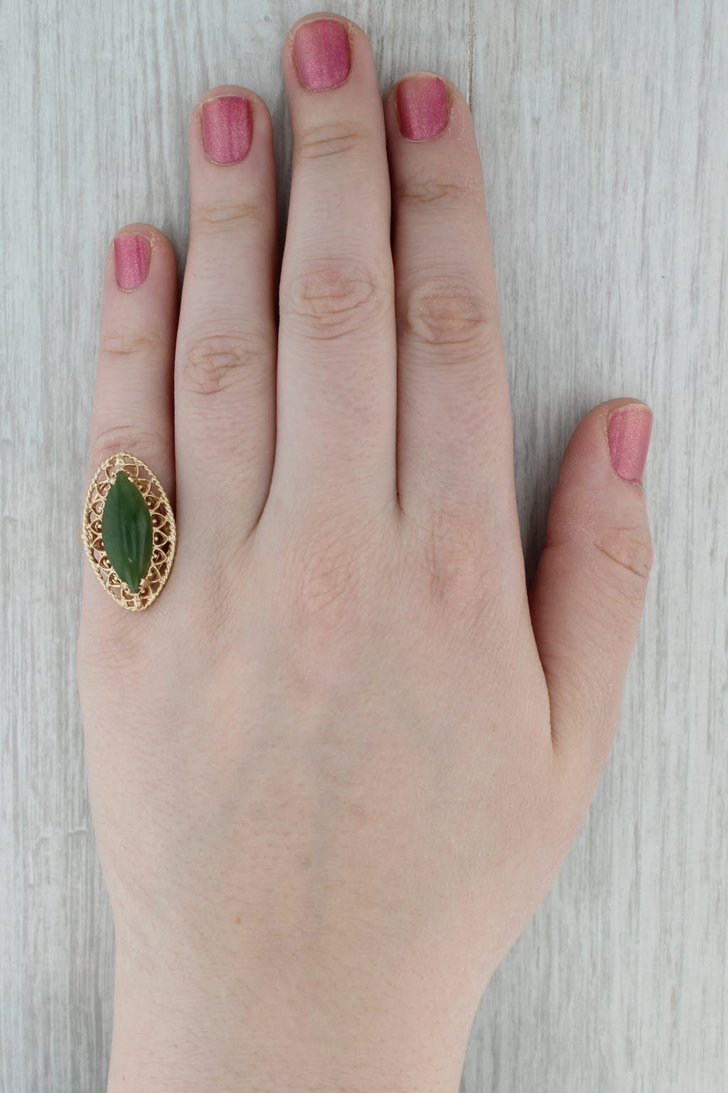 Green Nephrite Jade Navette Cabochon Ring 14k Yellow Gold Size 6.5