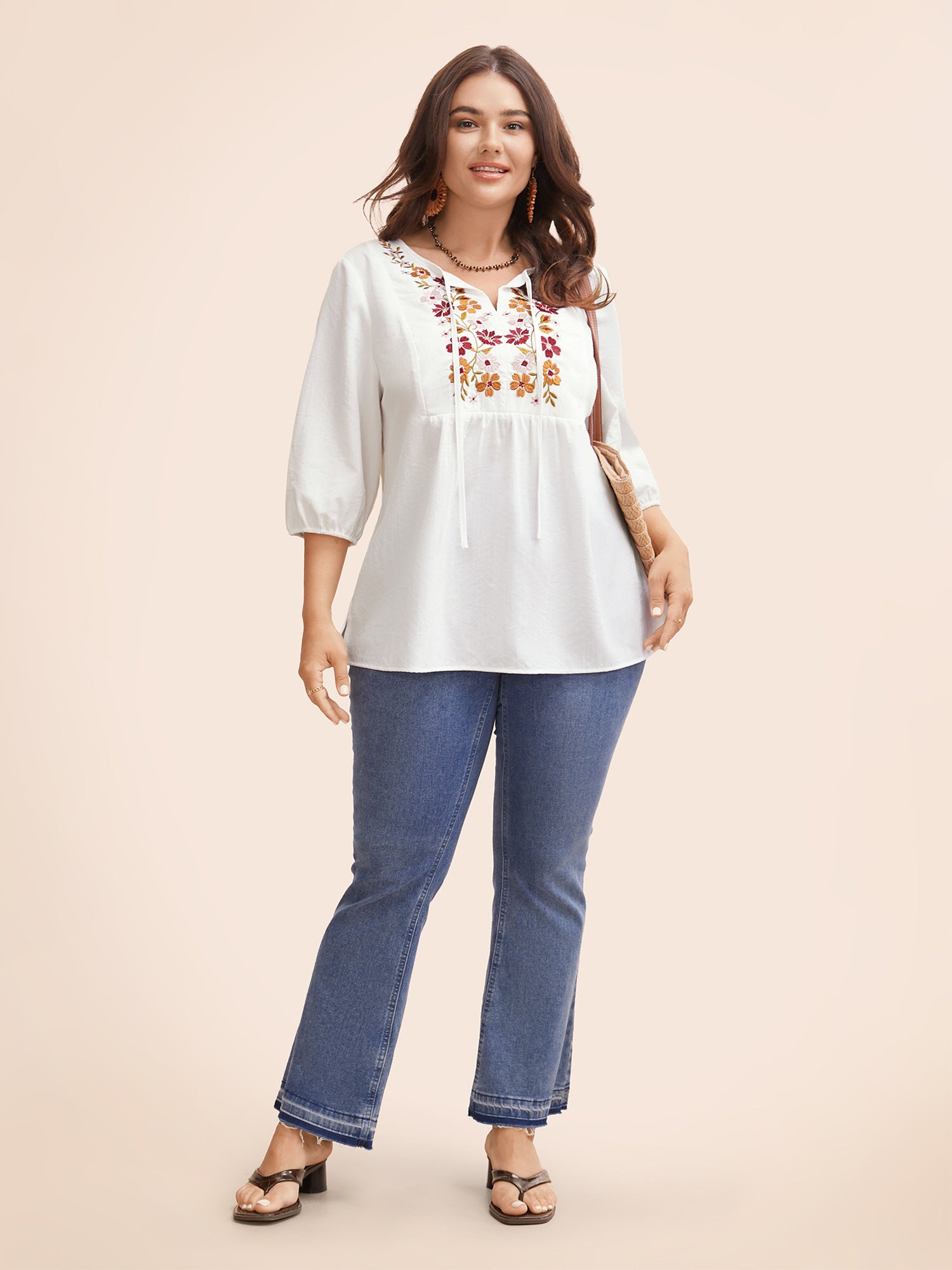 Floral Embroidered Tie Knot Lantern Sleeve Blouse