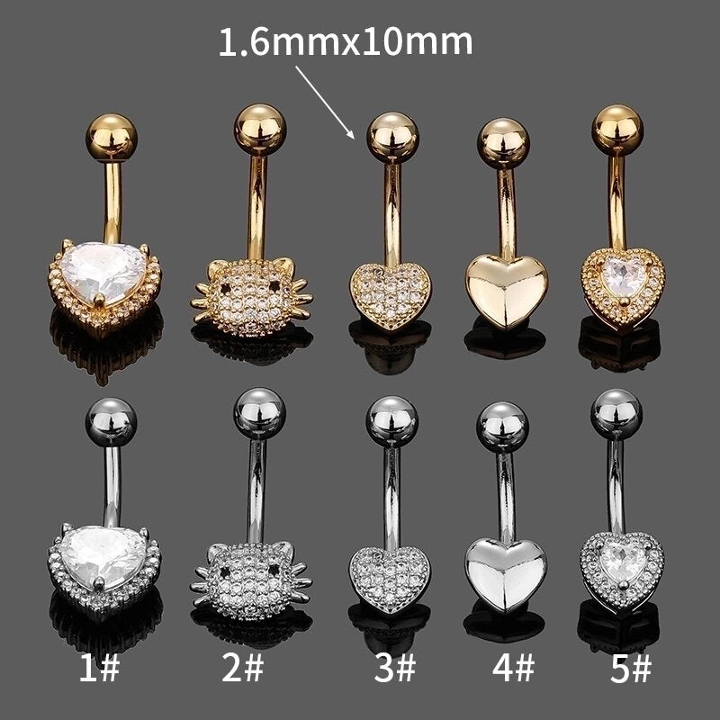 1 Piece Belly Rings Minimalist Classic Style Heart Shape Cat 316L Stainless Steel  Plating Inlay Zircon 14K Gold Plated Belly Rings