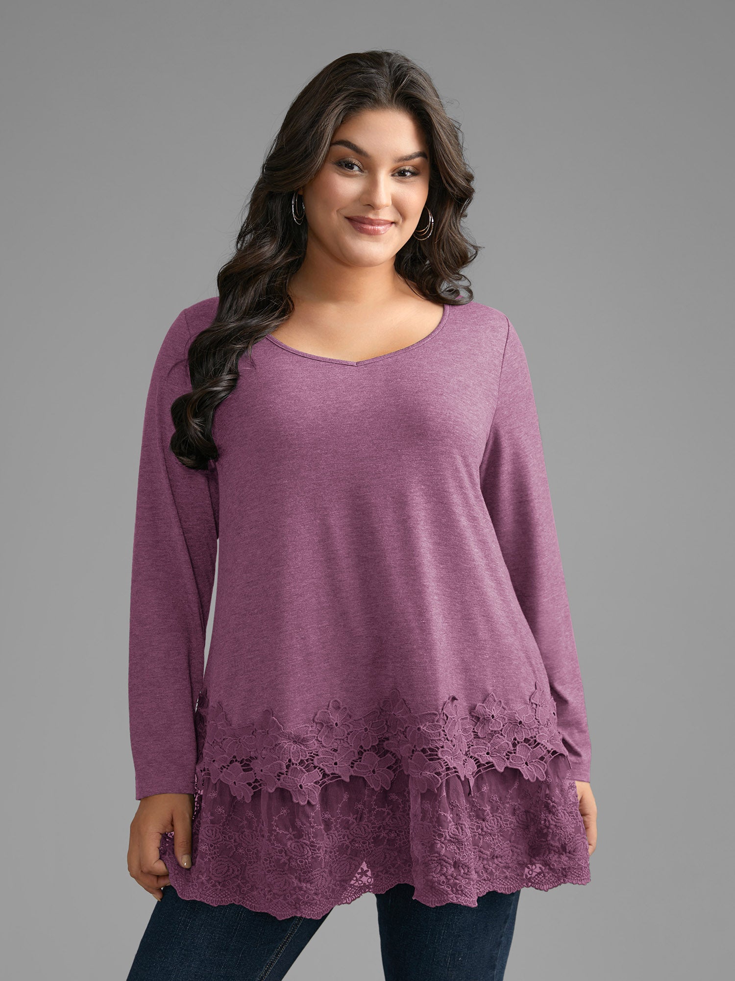 V Neck Lace Panel Jersey Top