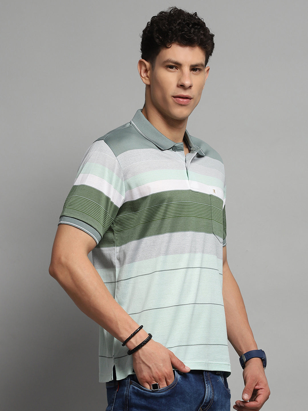 Men Green Stripe Collar Half Sleeve T-Shirt