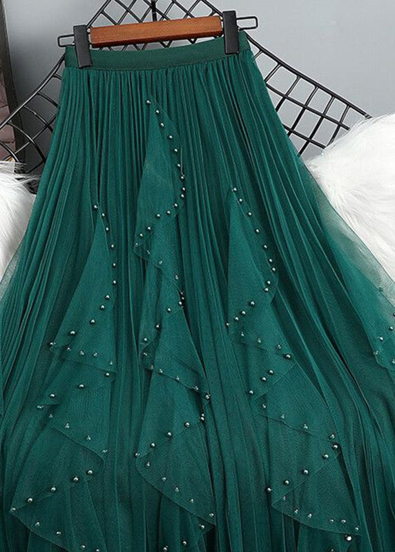 Bohemian Green Nail Bead Patchwork Elastic Waist Tulle Maxi Skirt