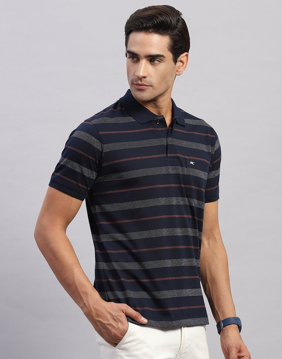 Men Navy Blue Stripe Polo Collar Half Sleeve T-Shirt