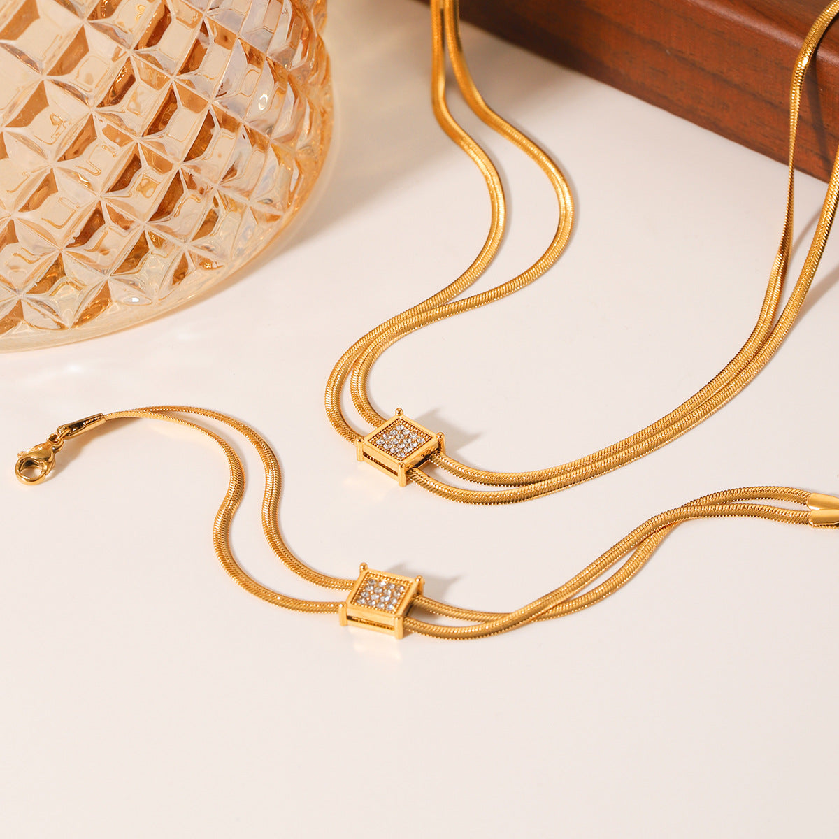Double Snake Bone Necklace Square Stainless Steel Pendant Diamond Necklace Female Titanium Steel Bracelet
