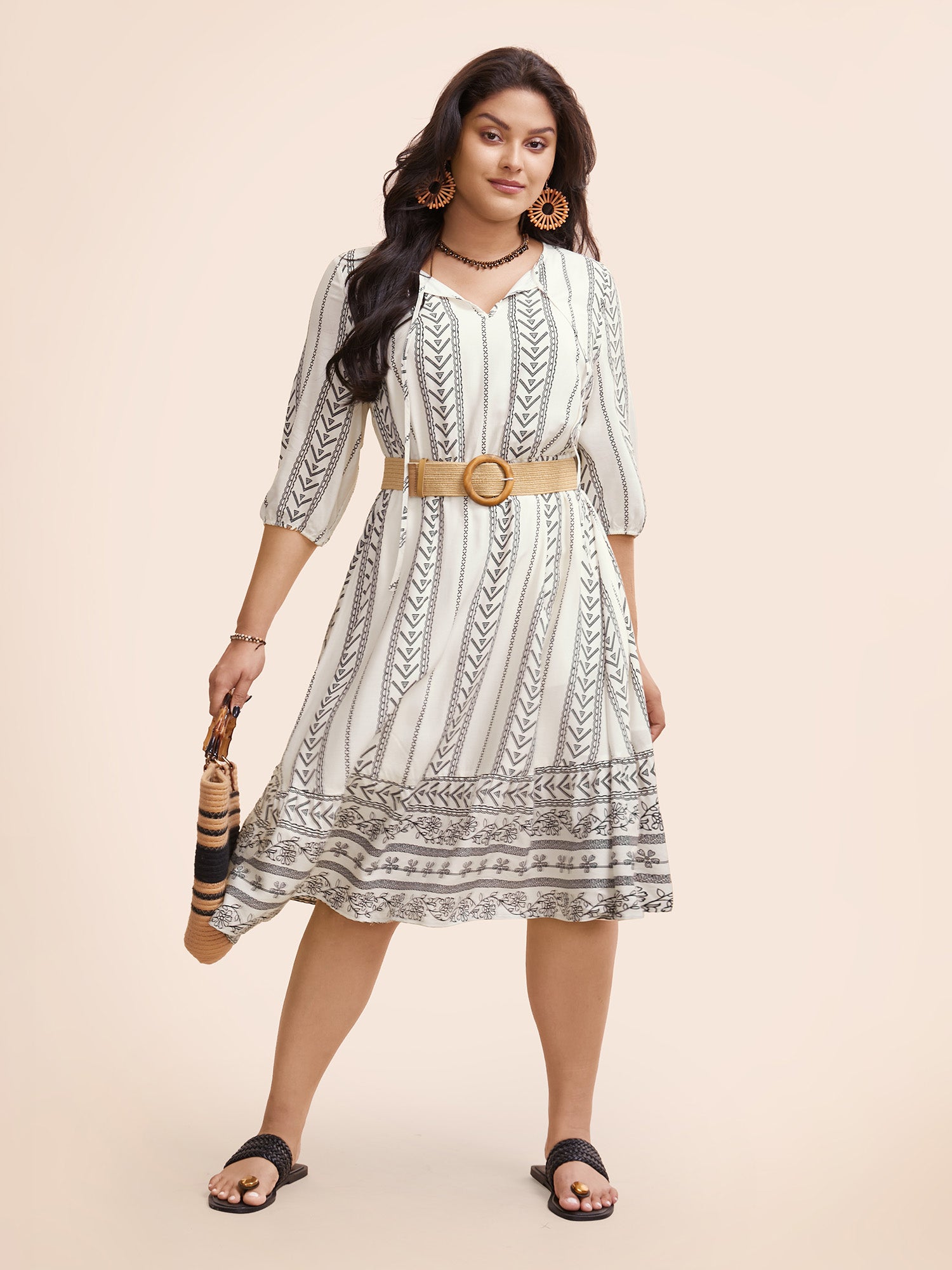 Boho Print Tie Knot Lantern Sleeve Dress