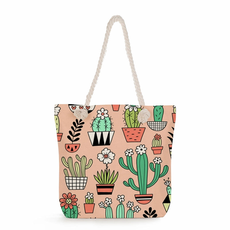 Women's Medium Linen Cactus Vacation Classic Style Square Zipper Tote Bag Beach Bag