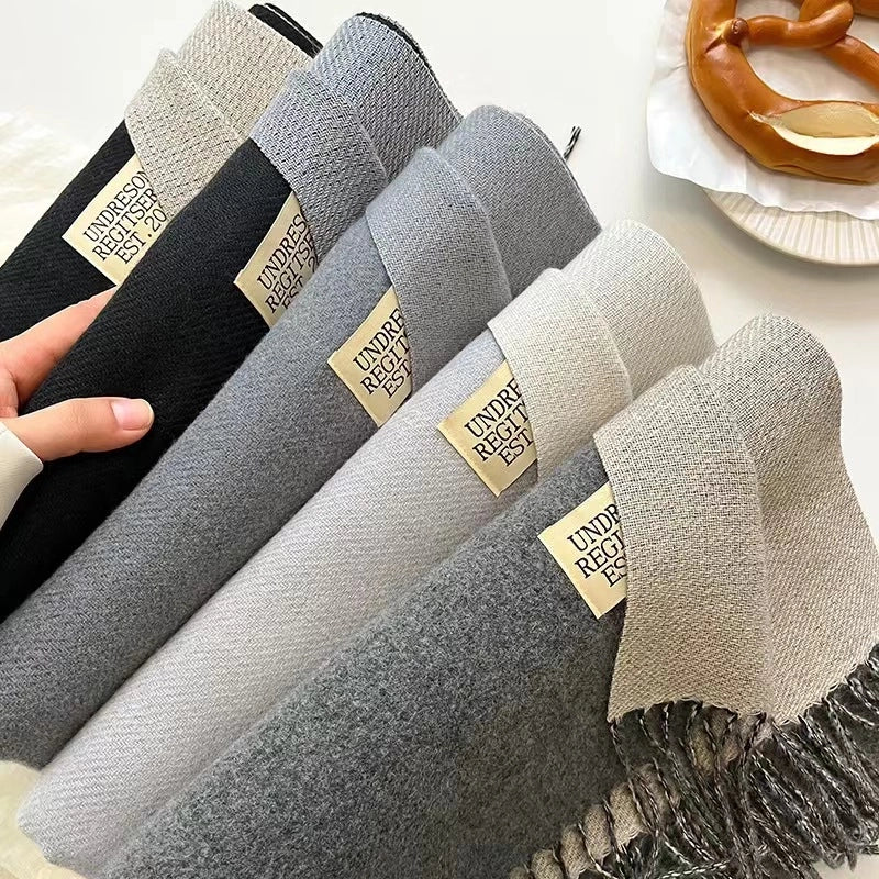 New Autumn And Winter New Pure Color Cashmere-like Double-sided Tassel Scarf Female Thickened Student Dual-use Shawl Fashion