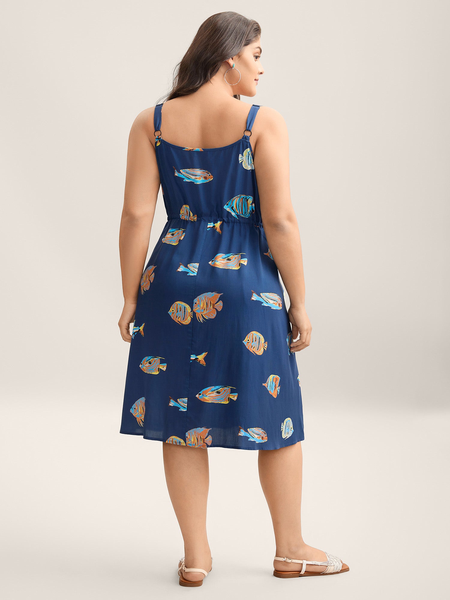 Fish Print Waist-Tie Cami Midi Dress