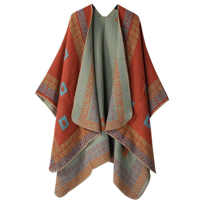 Winter Cashmere Double-sided Plaid Shawl Women's Outer Cape Increased Thickness Warm Knitted Scarf Spot