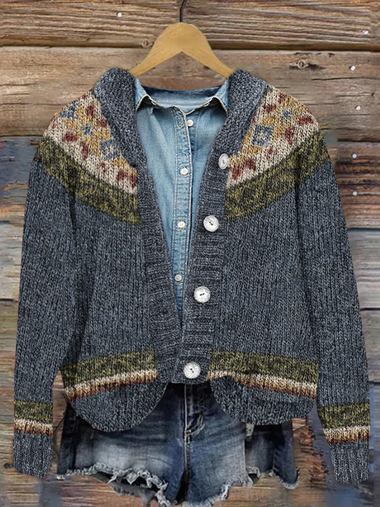 Button  Color Block Icelandic Pattern Printed Cardigan