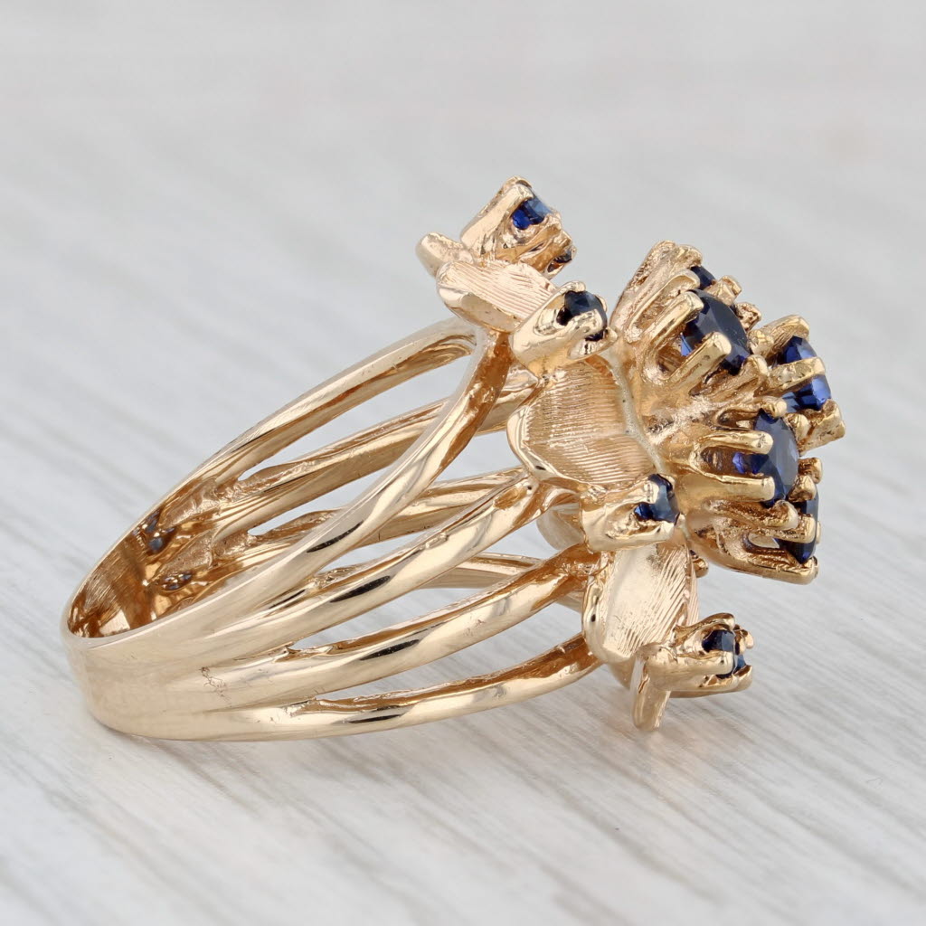 Lab Created Blue Sapphire Flower Cluster Ring 14k Yellow Gold Cocktail Size 7.5