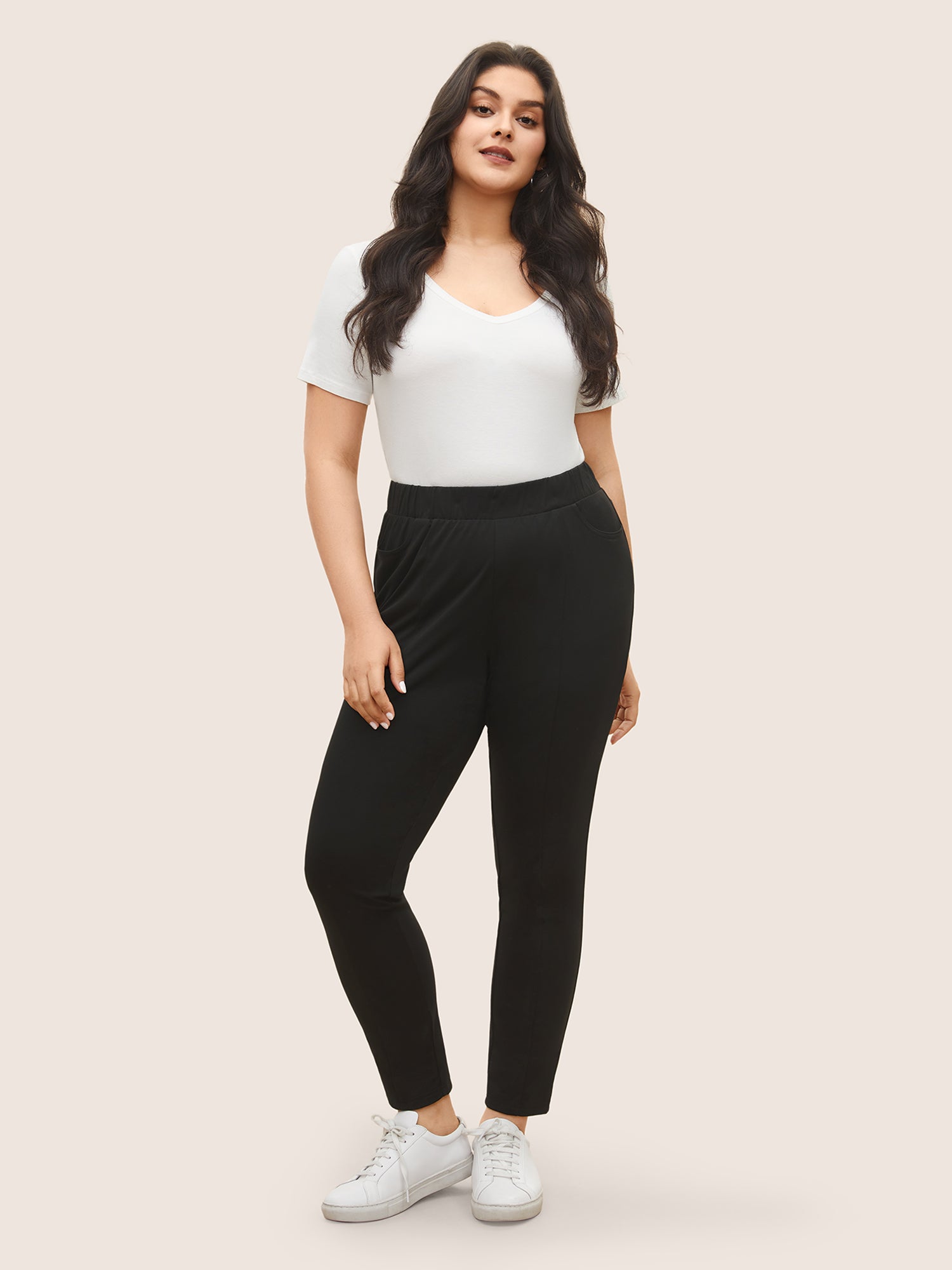 Plain Elastic Waist High Rise Slim Pants