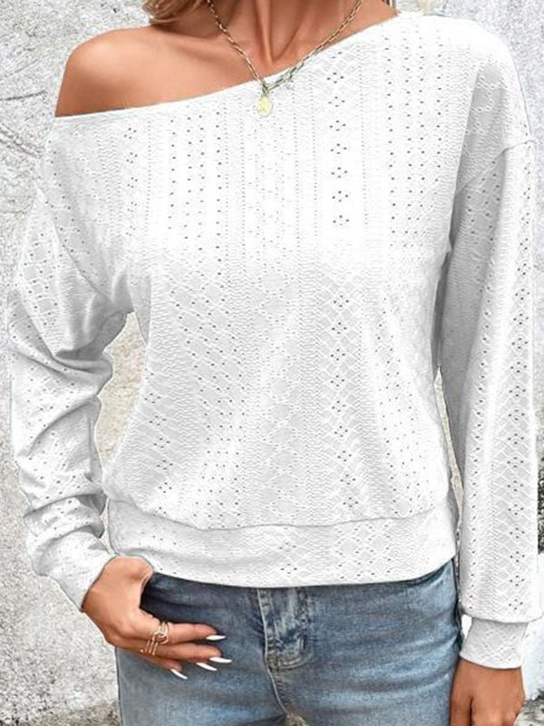 Long Sleeves Loose Asymmetric Solid Color Split-Joint One-Shoulder T-Shirts Tops