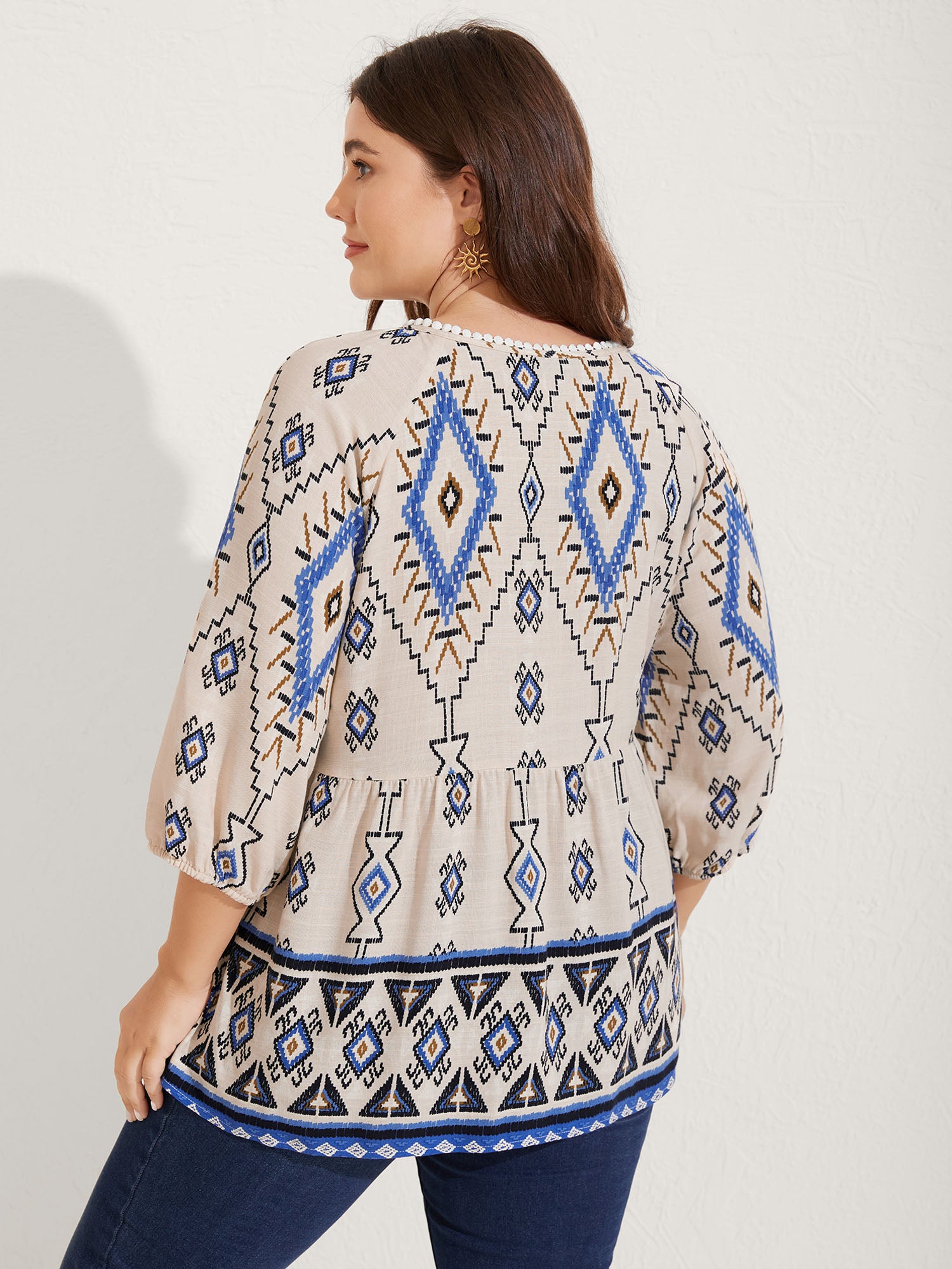 Boho Print Lace Detail Neck Tie Blouse