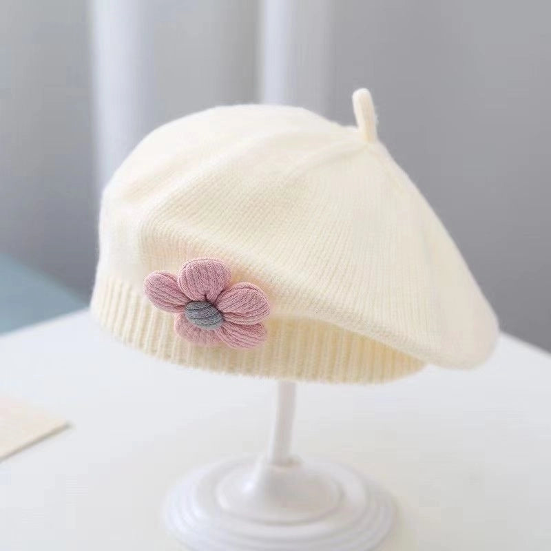 Baby Hat Autumn And Winter Baby Girls' Cute Flower Beret Children's Wool Hat Girls' Knitted Painter Hat Fashion