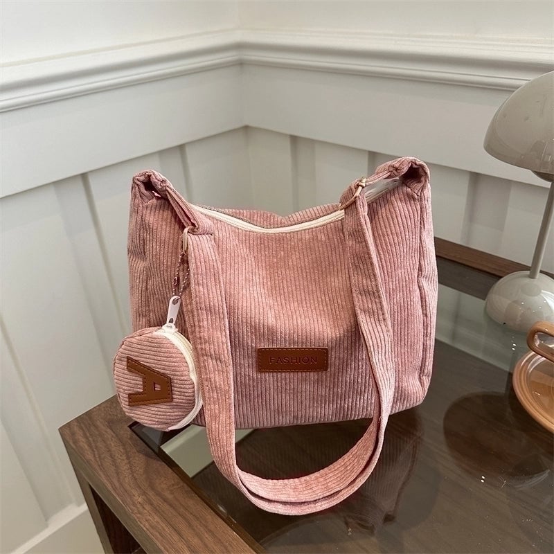 Women's Corduroy Solid Color Classic Style Square Zipper Shoulder Bag