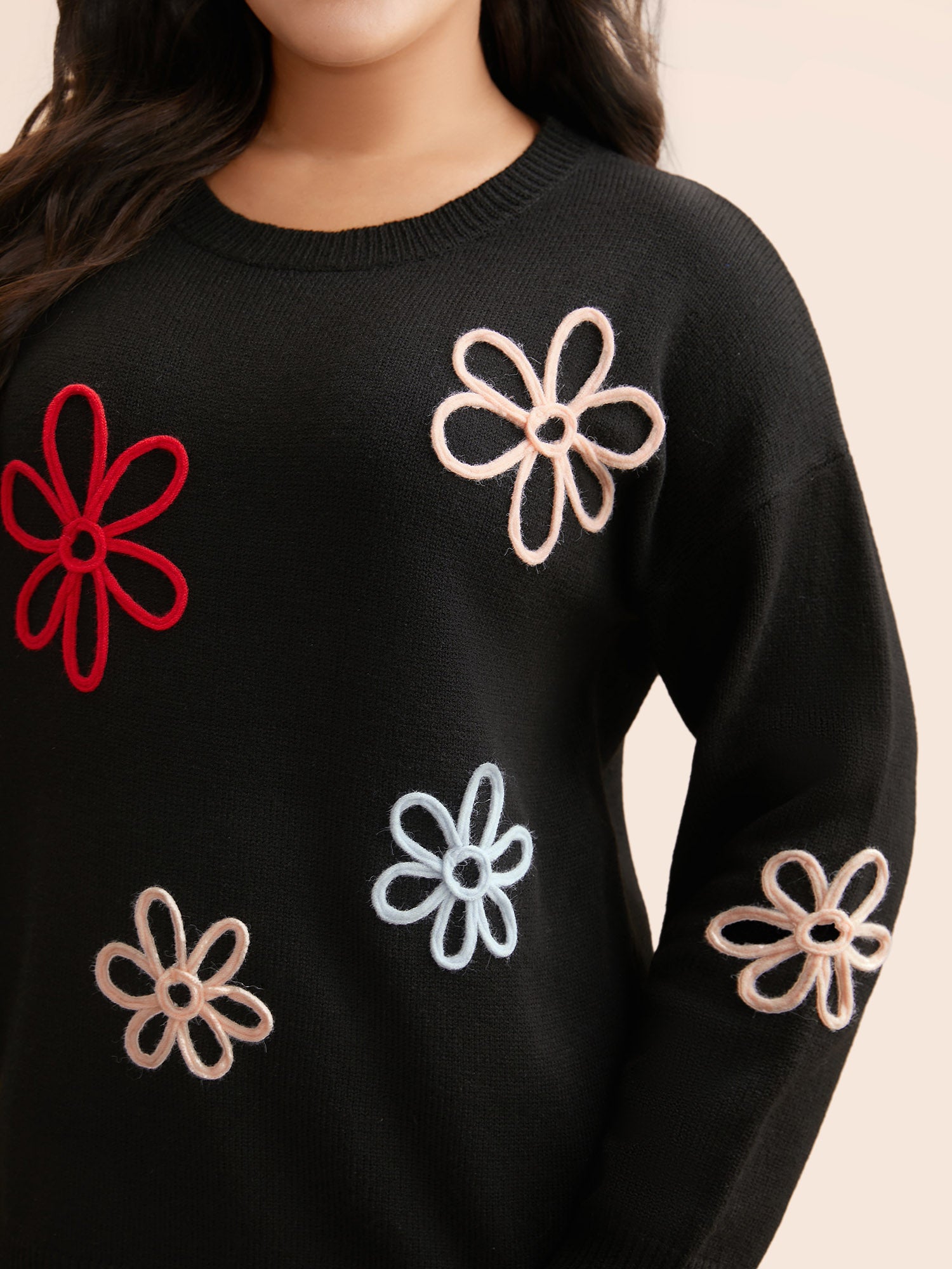 Crochet Floral Crew Neck Pullover