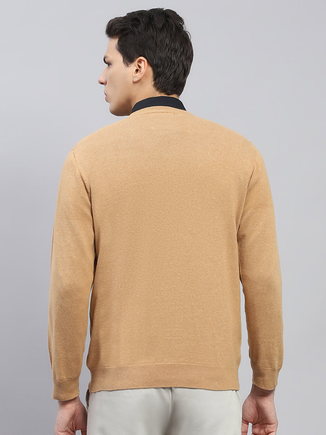 Men Khaki Solid V Neck Full Sleeve Pullover