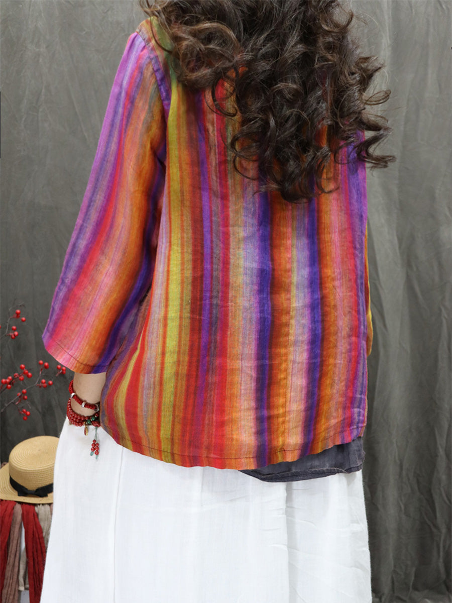 Women Summer Ethnic Stand Collar Flower 100%Ramie Shirt
