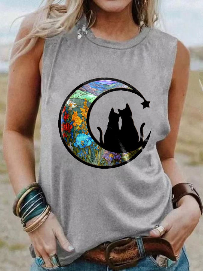 Women's Art Moon Cat Print Vest