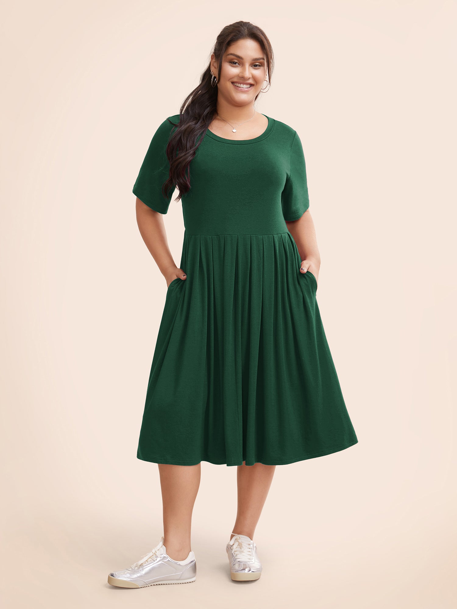 Supersoft Essentials Solid Pleated Round Neck Midi Dress