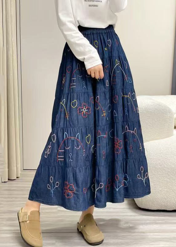 Fitted Navy Print Exra Large Hem Denim Skirt Summer