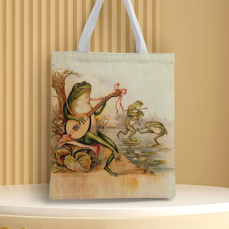 Women's Canvas Cartoon Frog Basic Classic Style Square Open Canvas Bag