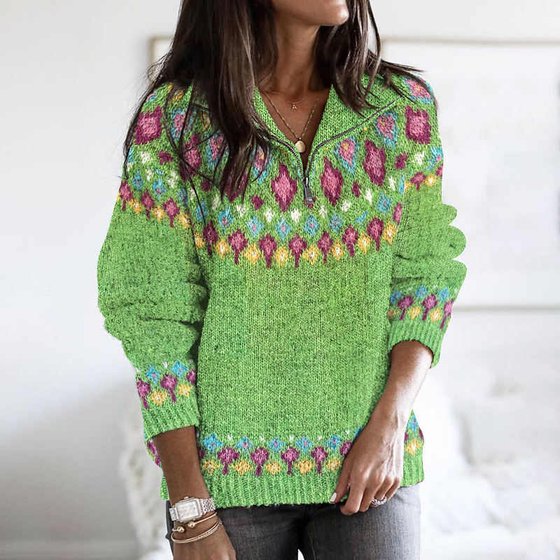 Vintage Geometric Jacquard Contrast Pattern Sweater