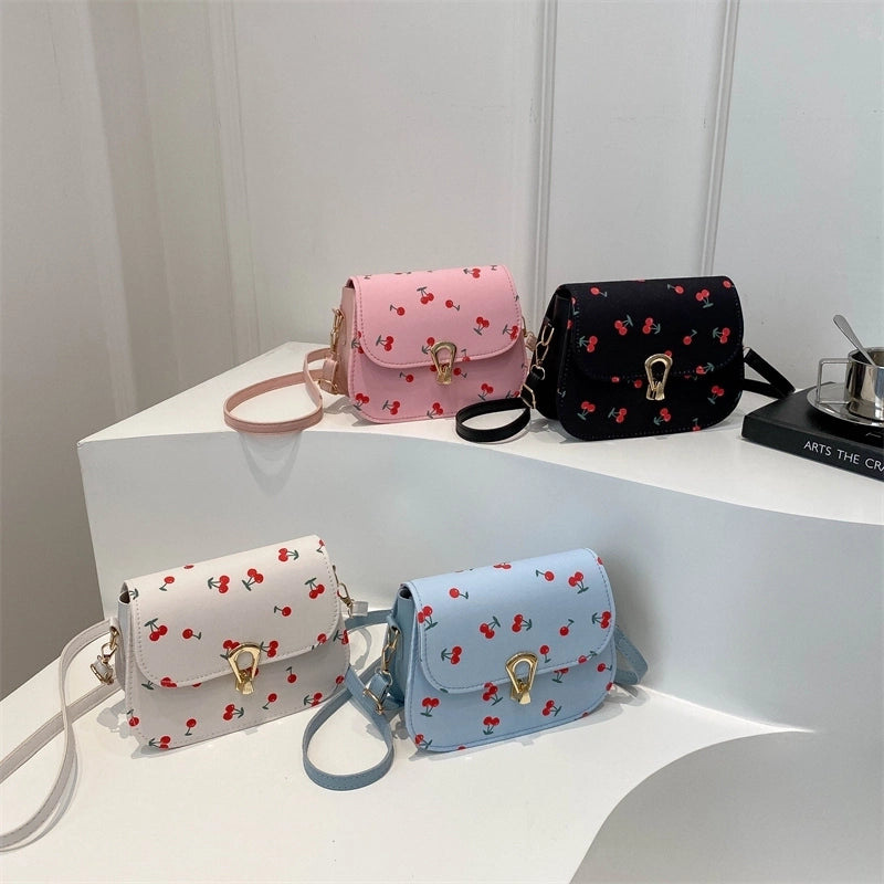 Simple Trendy  Cherry Print Elegant Twist Lock Shoulder Bag Fresh Crossbody Small Square Bag