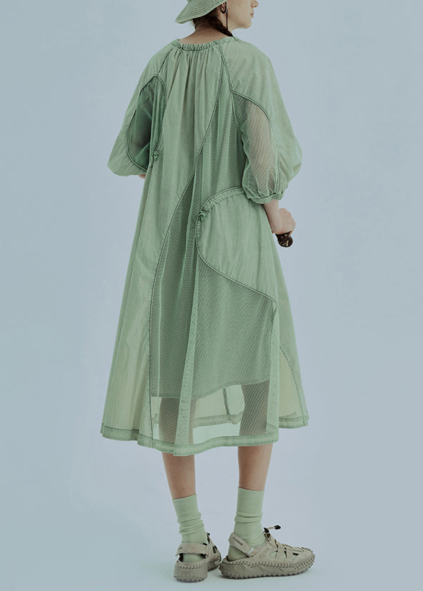 Modern Green Drawstring Wrinkled Patchwork Cotton Dresses Summer