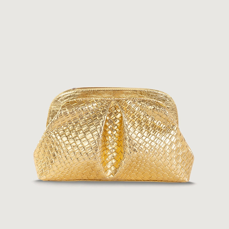 Gold Silver Black Pu Leather Solid Color Weave Dumpling Shape Evening Bags